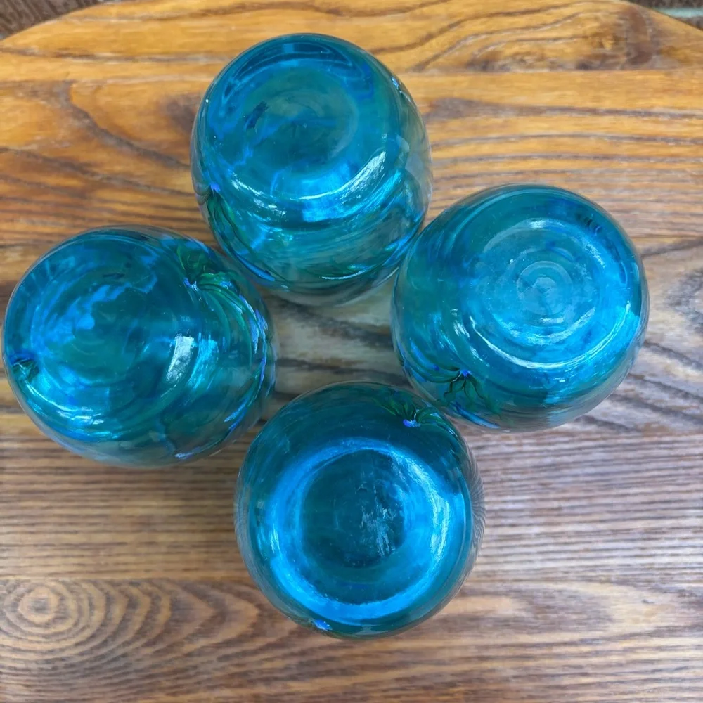 Hand-painted stemless wine water blue glasses with marine design Set of 4
